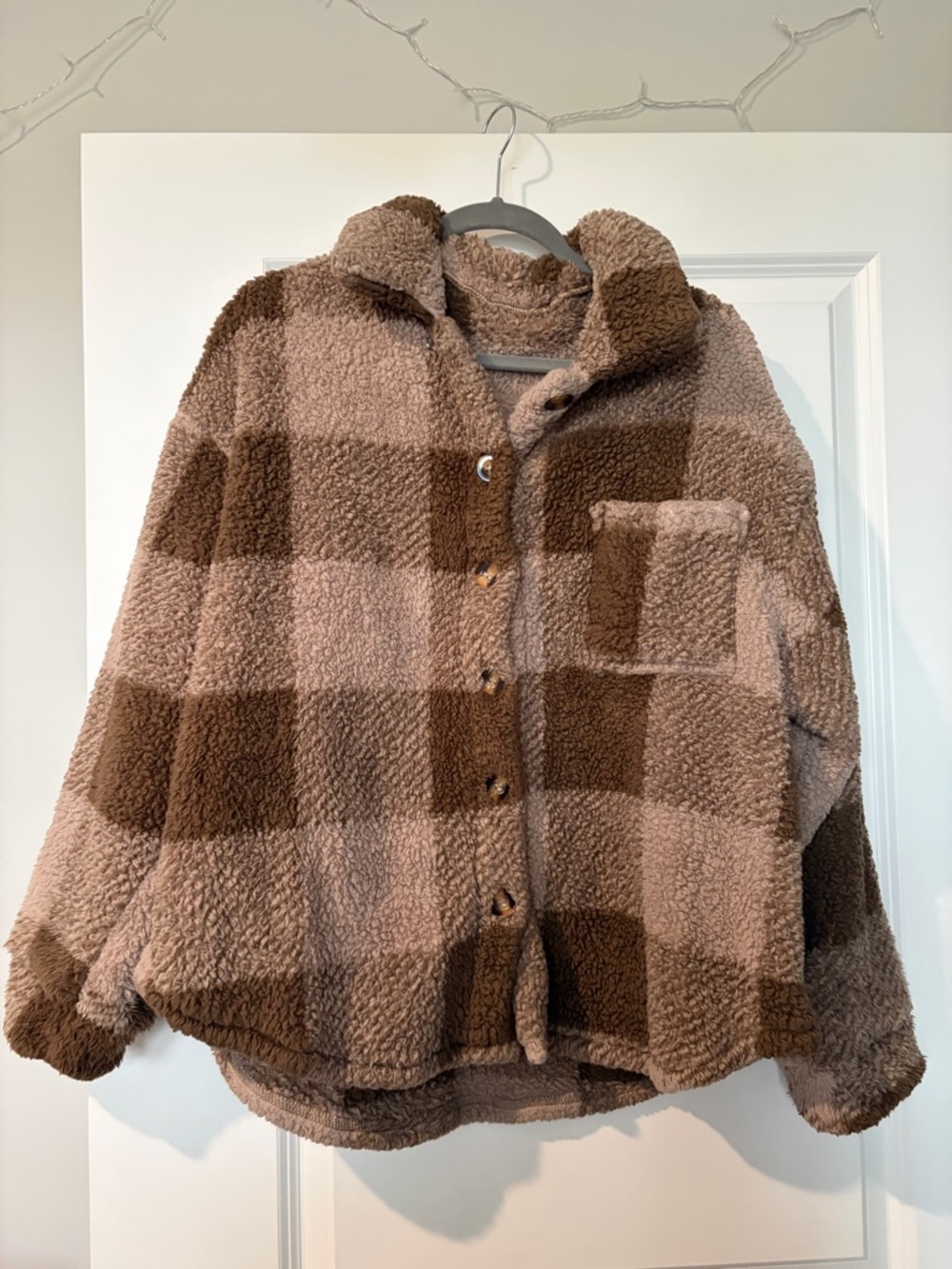 SHEIN Brown & Tan Teddy Plaid Button-Up Jacket